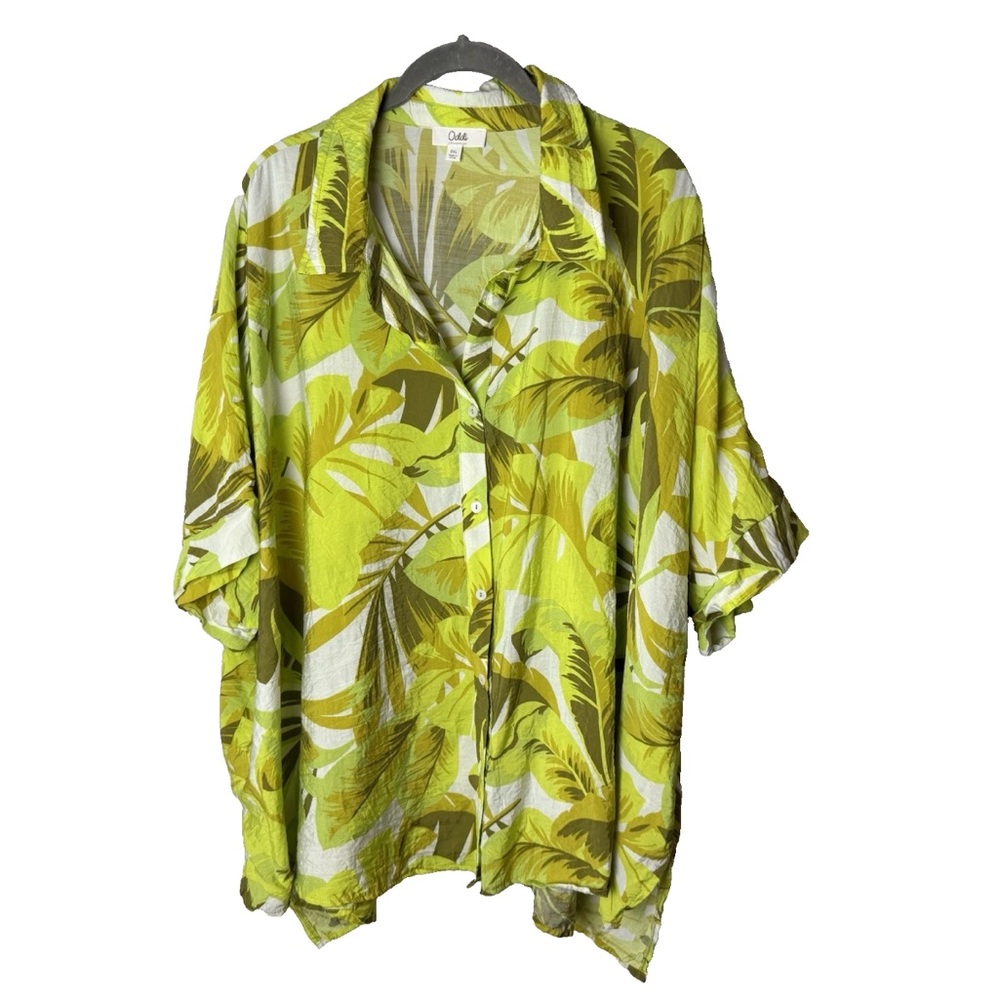 Oddi Shirt Plus Size 2XL XXL Top Short Sleeves Tropical Print Green Gold Brown